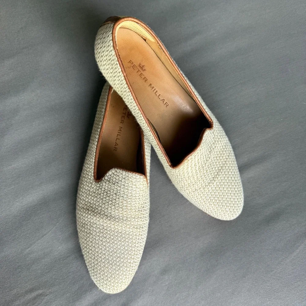 Peter Millar Mens 8M Woven Raffia Leather Loafers Beige Made in Brazil Old Money